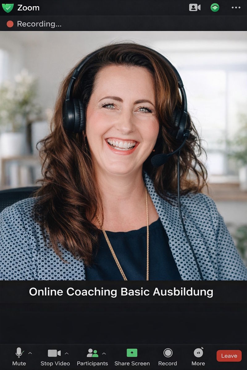 Melanie Ebert in einer Online-Coaching-Session mit Kopfhörern auf dem Kopf