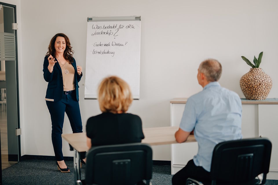 Coach erklärt Führungsthemen vor Teilnehmern an einem Flipchart während eines Workshops